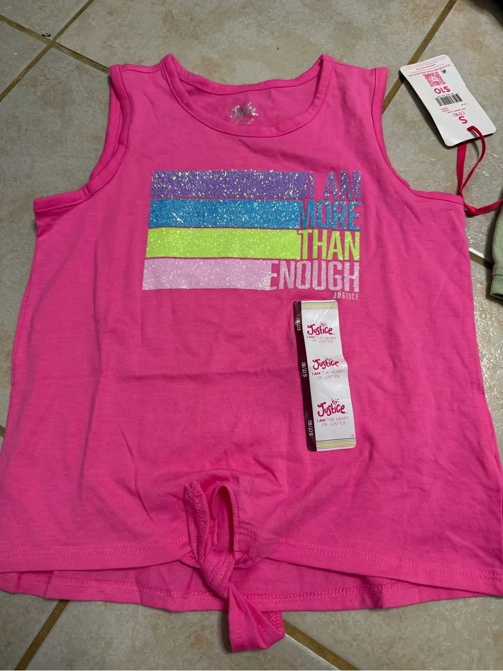 Justice Hot Pink Girls' Tank Top with Glitter Stripe & Positive Slogan